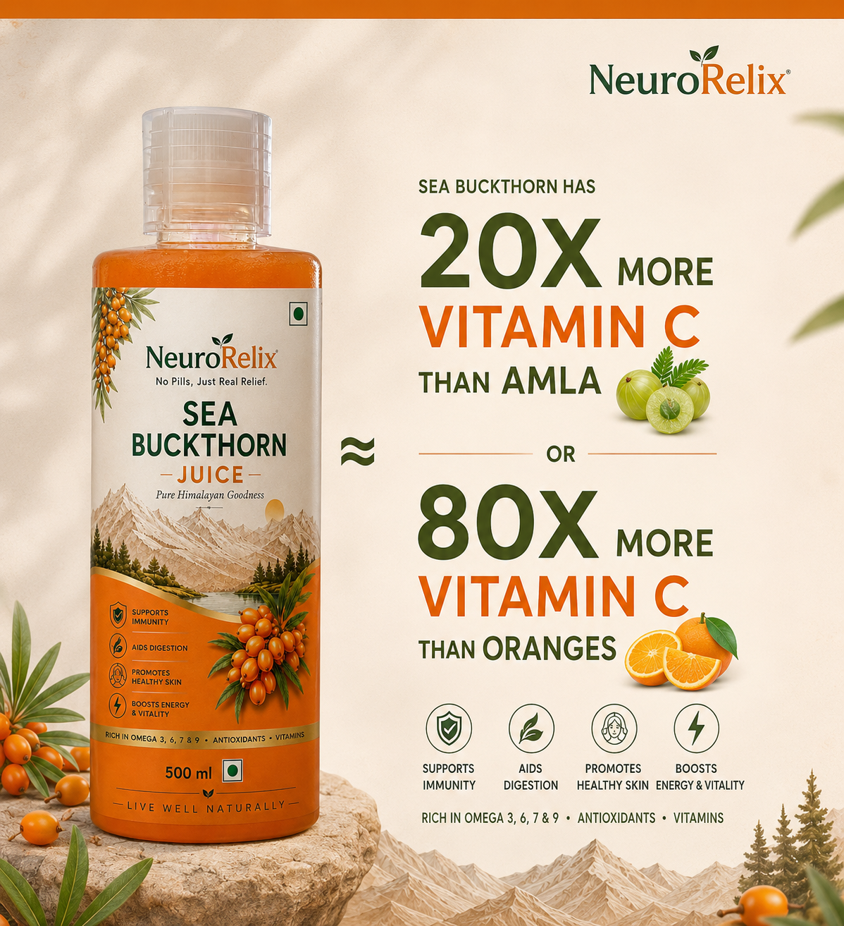 Sea Buckthorn Juice – 500ml | Omega 7-Rich Superfruit | With Omega 3, 6 & 9
