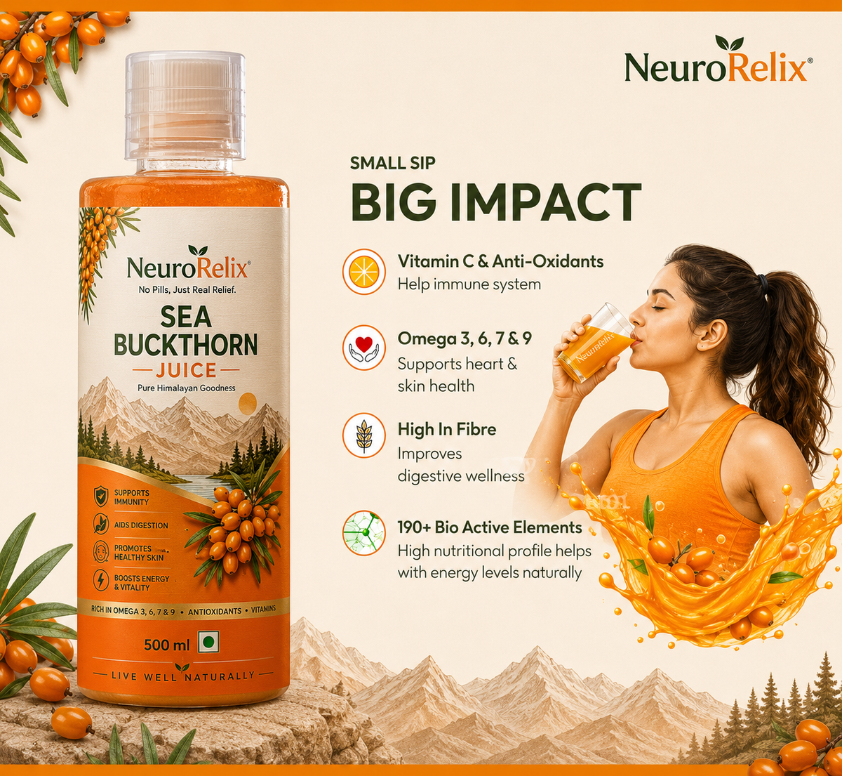 Sea Buckthorn Juice – 500ml | Omega 7-Rich Superfruit | With Omega 3, 6 & 9